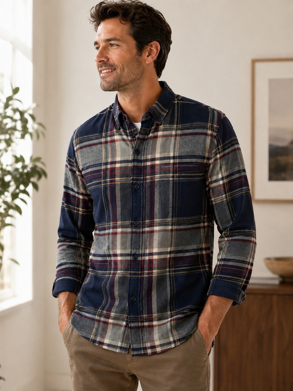 Weatherproof Navy and Gray Plaid Button-Down Shirt